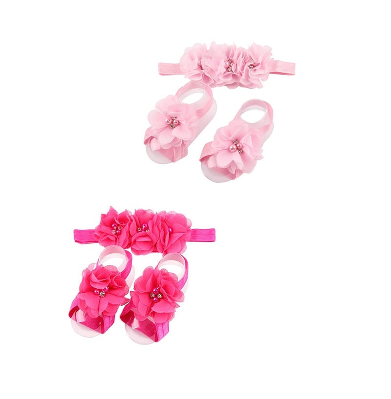 Baby girls infant crochet butterfly headbands and knitted flower barefoot sandals.(BBFJ3) (Pink,Rose red)